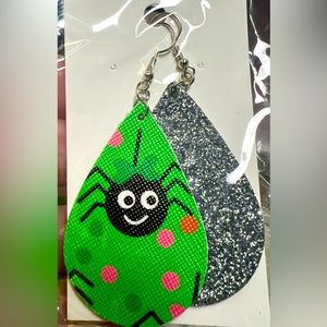 Double Sided Fun Spider Silver Glitter raindrop earrings hypoallergenic wire